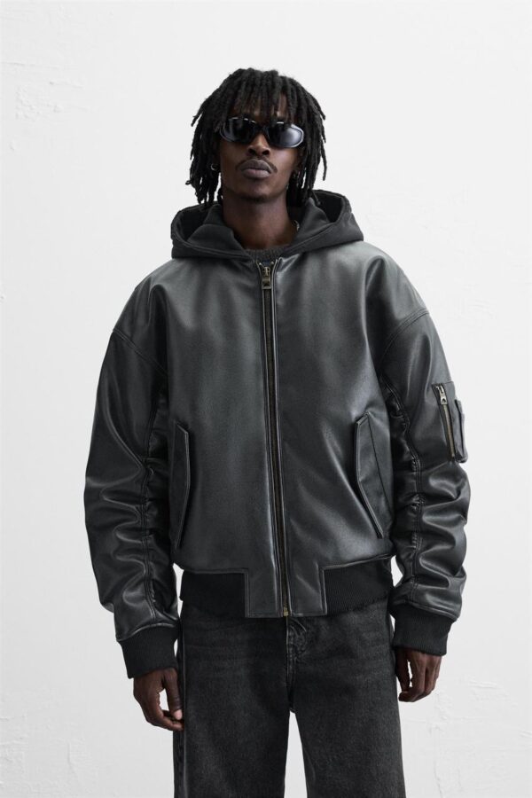 LEATHER JACKET WITH HOOD - Image 1